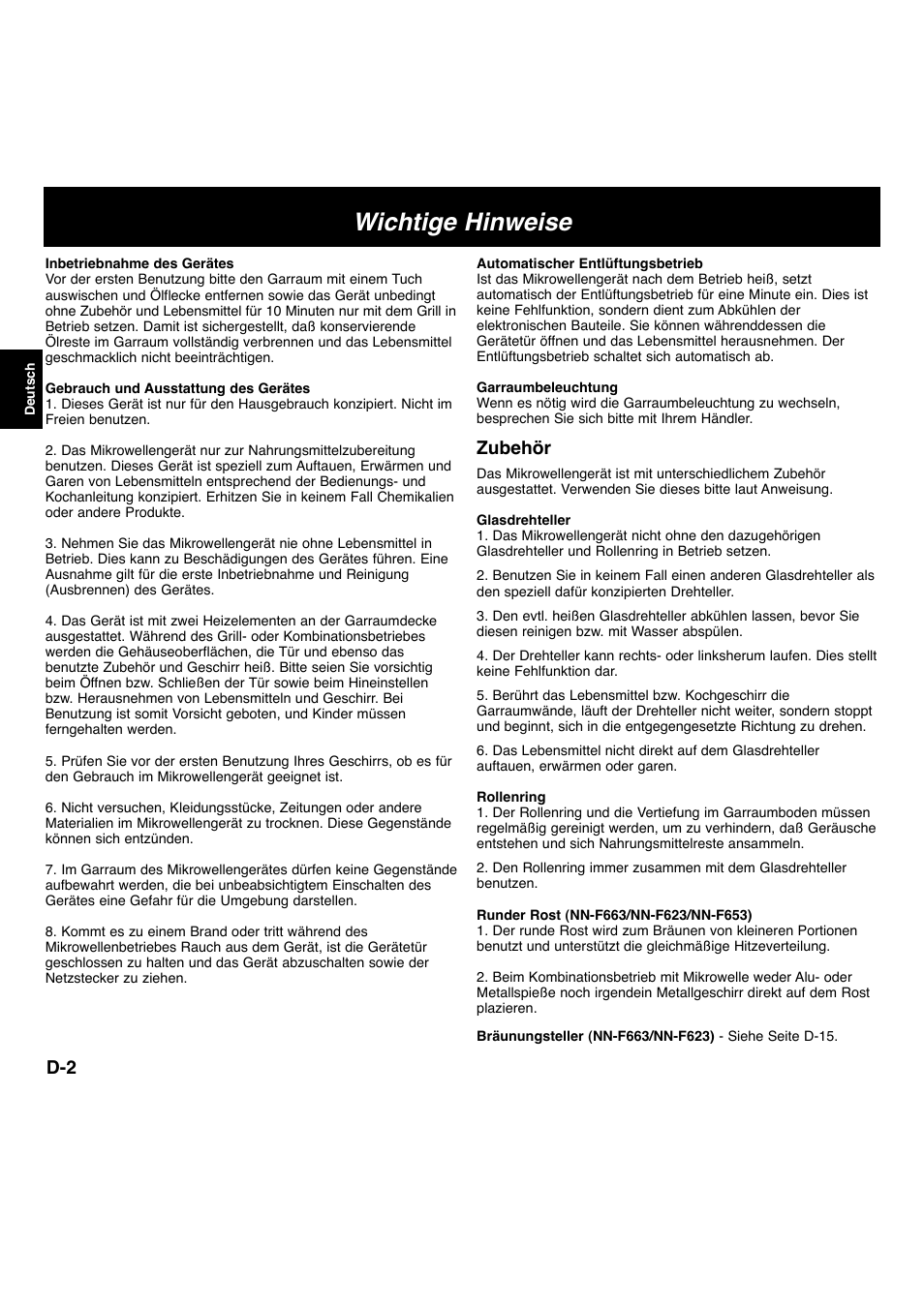 Wichtige hinweise, Zubehör | Panasonic NNF663 User Manual | Page 23 / 175