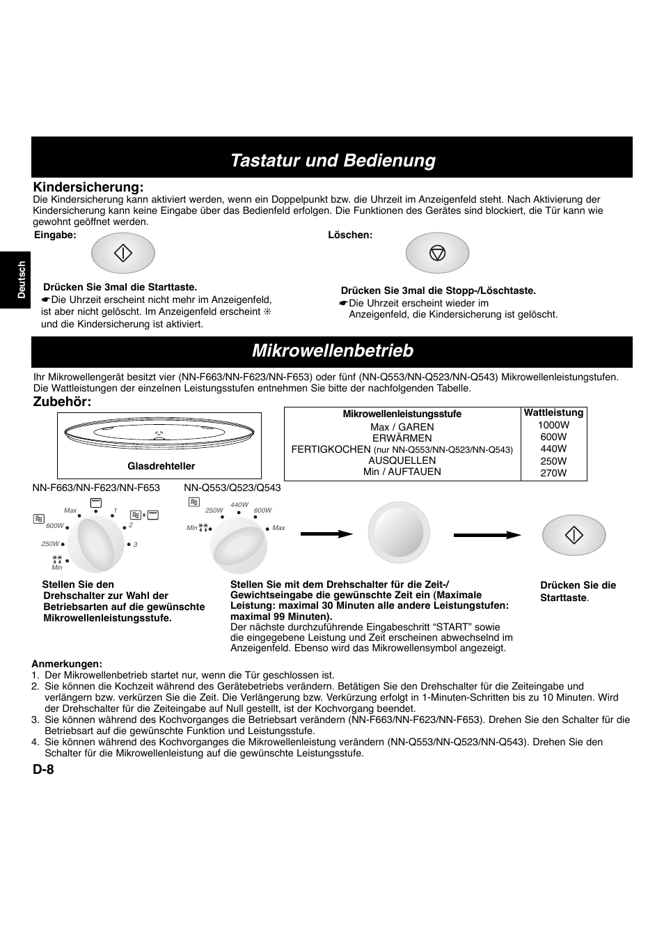 Mikrowellenbetrieb, Tastatur und bedienung, Zubehör | Kindersicherung | Panasonic NNF663 User Manual | Page 29 / 175