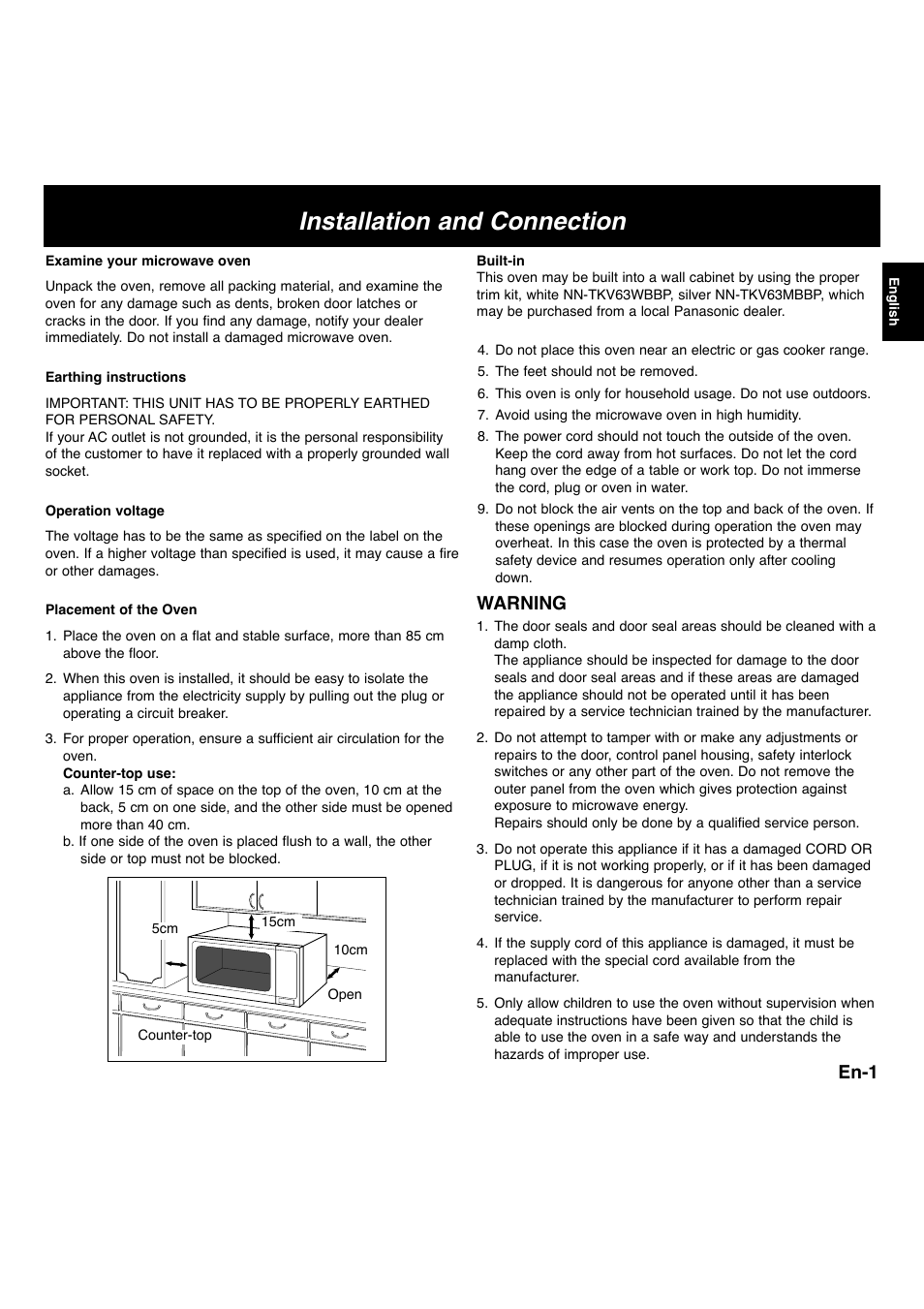 Installation and connection, En-1, Warning | Panasonic NNF663 User Manual | Page 3 / 175