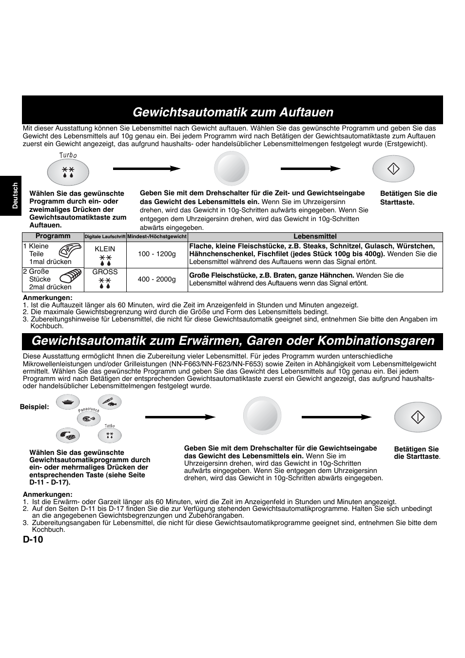 Gewichtsautomatik zum auftauen, D-10 | Panasonic NNF663 User Manual | Page 31 / 175