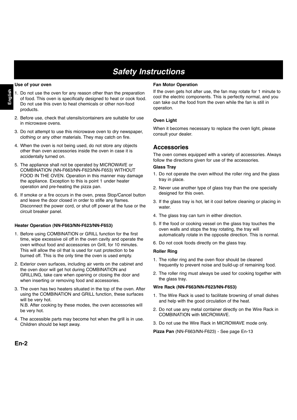 Safety instructions, En-2, Accessories | Panasonic NNF663 User Manual | Page 4 / 175