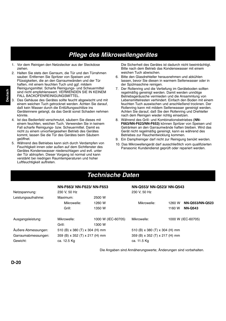 Pflege des mikrowellengerätes technische daten, D-20 | Panasonic NNF663 User Manual | Page 41 / 175