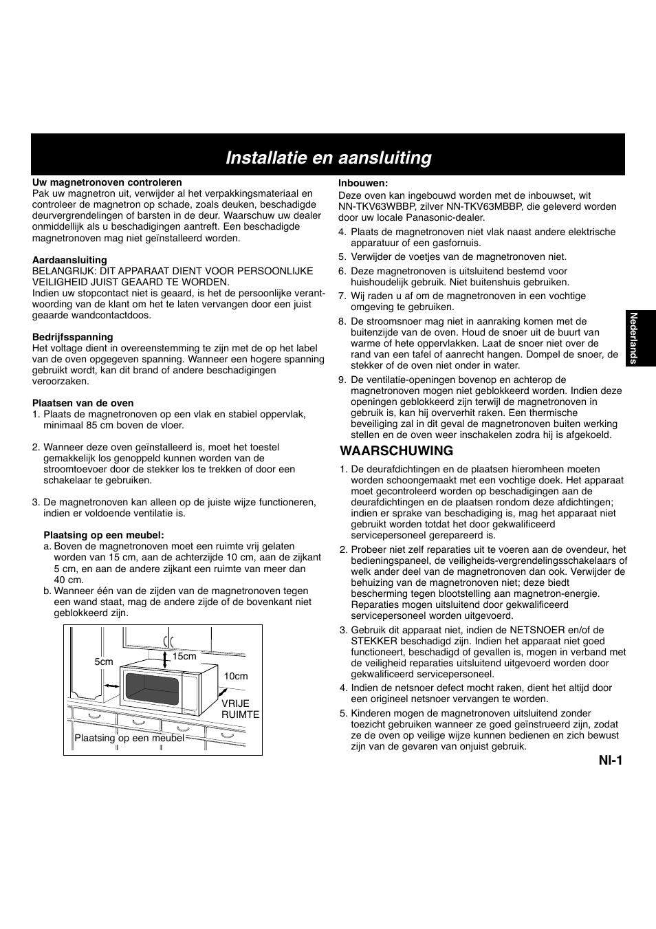 Installatie en aansluiting, Waarschuwing, Nl-1 | Panasonic NNF663 User Manual | Page 42 / 175