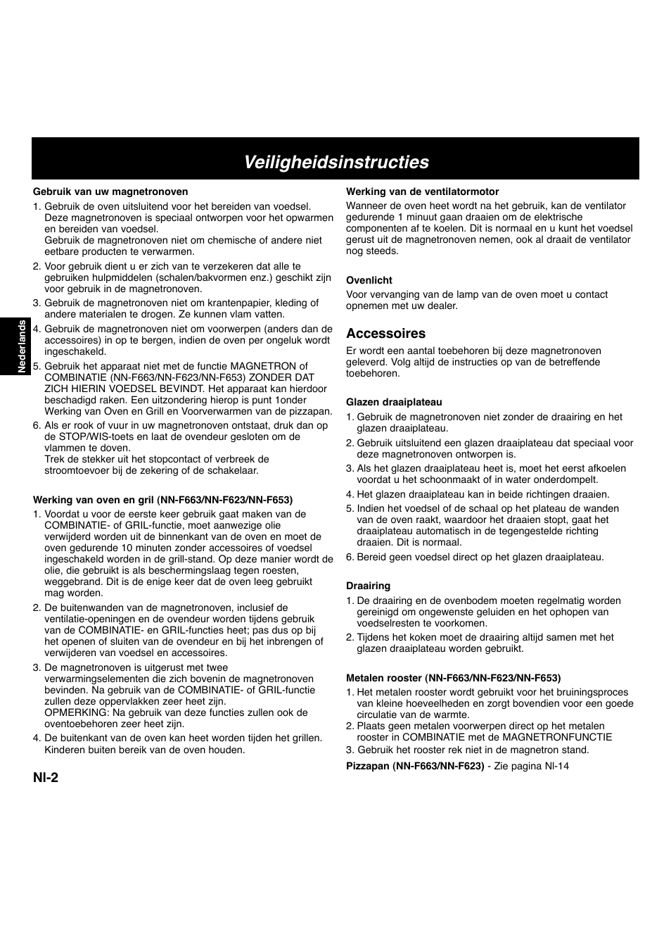 Veiligheidsinstructies, Nl-2, Accessoires | Panasonic NNF663 User Manual | Page 43 / 175