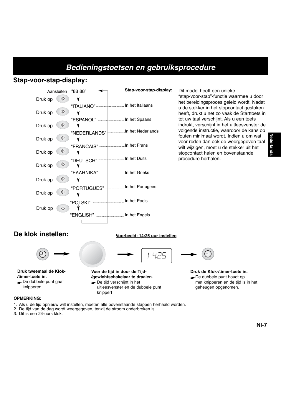 Bedieningstoetsen en gebruiksprocedure, Stap-voor-stap-display, De klok instellen | Panasonic NNF663 User Manual | Page 48 / 175