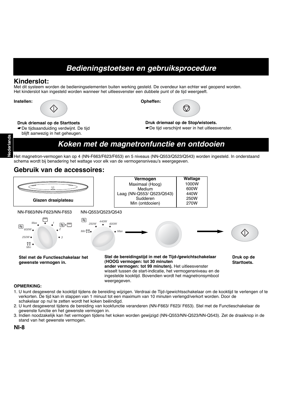 Koken met de magnetronfunctie en ontdooien, Bedieningstoetsen en gebruiksprocedure, Gebruik van de accessoires | Kinderslot, Nl-8 | Panasonic NNF663 User Manual | Page 49 / 175