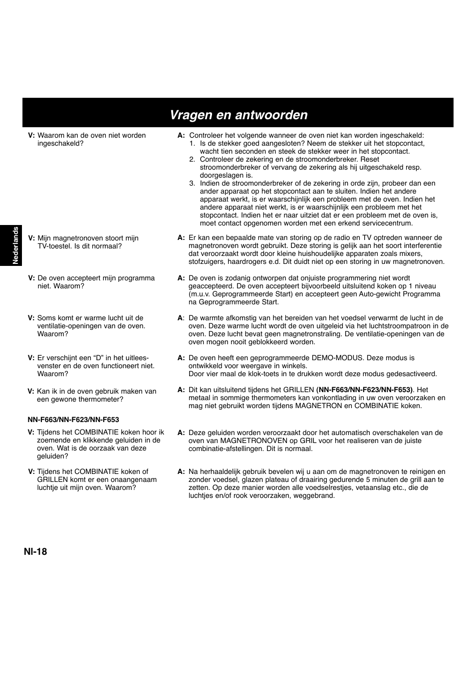 Vragen en antwoorden, Nl-18 | Panasonic NNF663 User Manual | Page 59 / 175