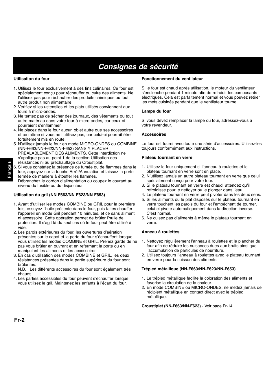 Consignes de sécurité, Fr-2 | Panasonic NNF663 User Manual | Page 62 / 175