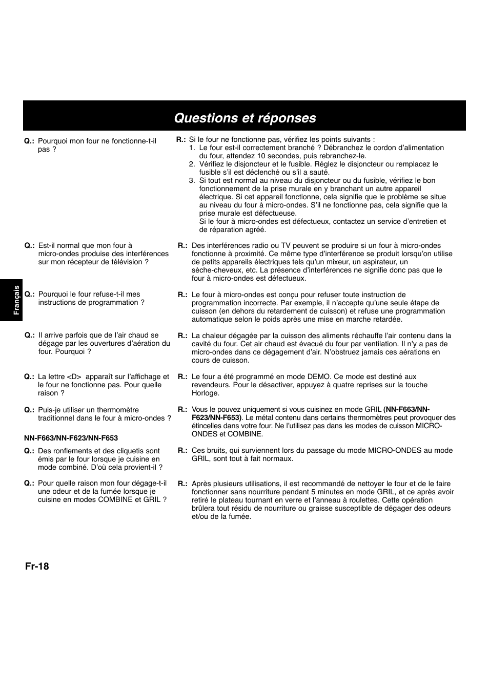 Questions et réponses, Fr-18 | Panasonic NNF663 User Manual | Page 78 / 175