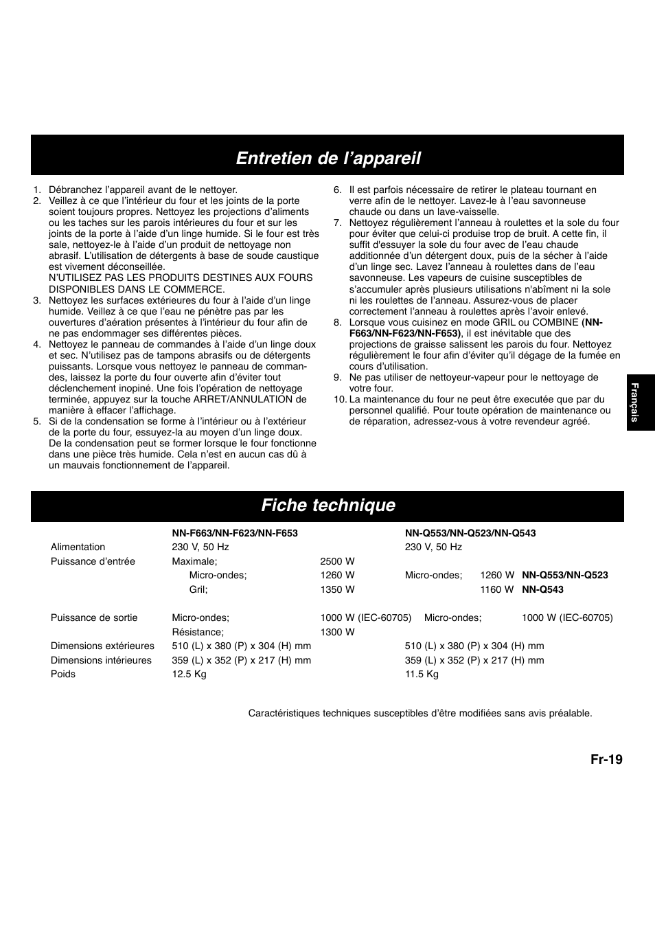 Entretien de l’appareil fiche technique, Fr-19 | Panasonic NNF663 User Manual | Page 79 / 175