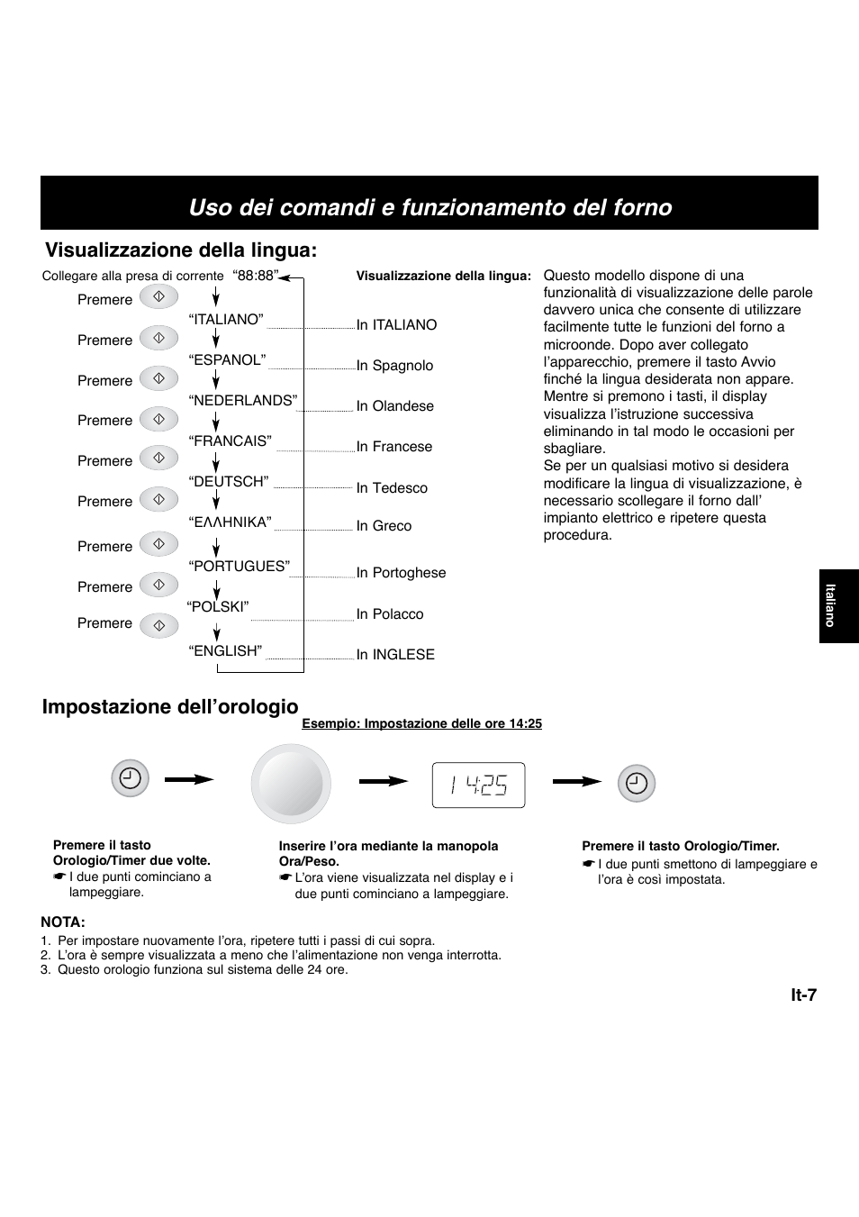 Uso dei comandi e funzionamento del forno, Visualizzazione della lingua, Impostazione dell’orologio | Panasonic NNF663 User Manual | Page 86 / 175