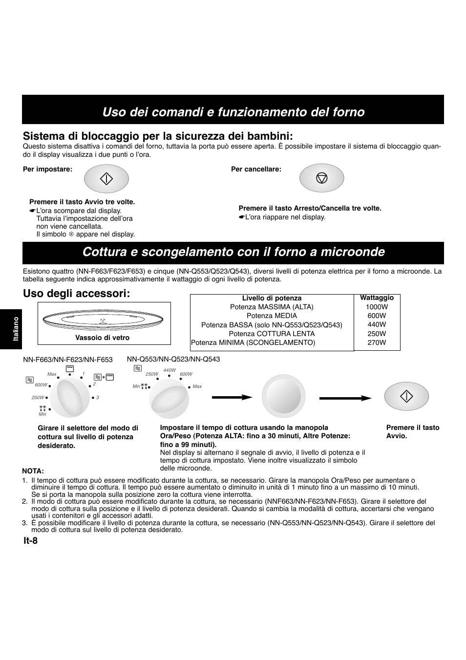 Cottura e scongelamento con il forno a microonde, Uso dei comandi e funzionamento del forno, Uso degli accessori | Sistema di bloccaggio per la sicurezza dei bambini, It-8 | Panasonic NNF663 User Manual | Page 87 / 175