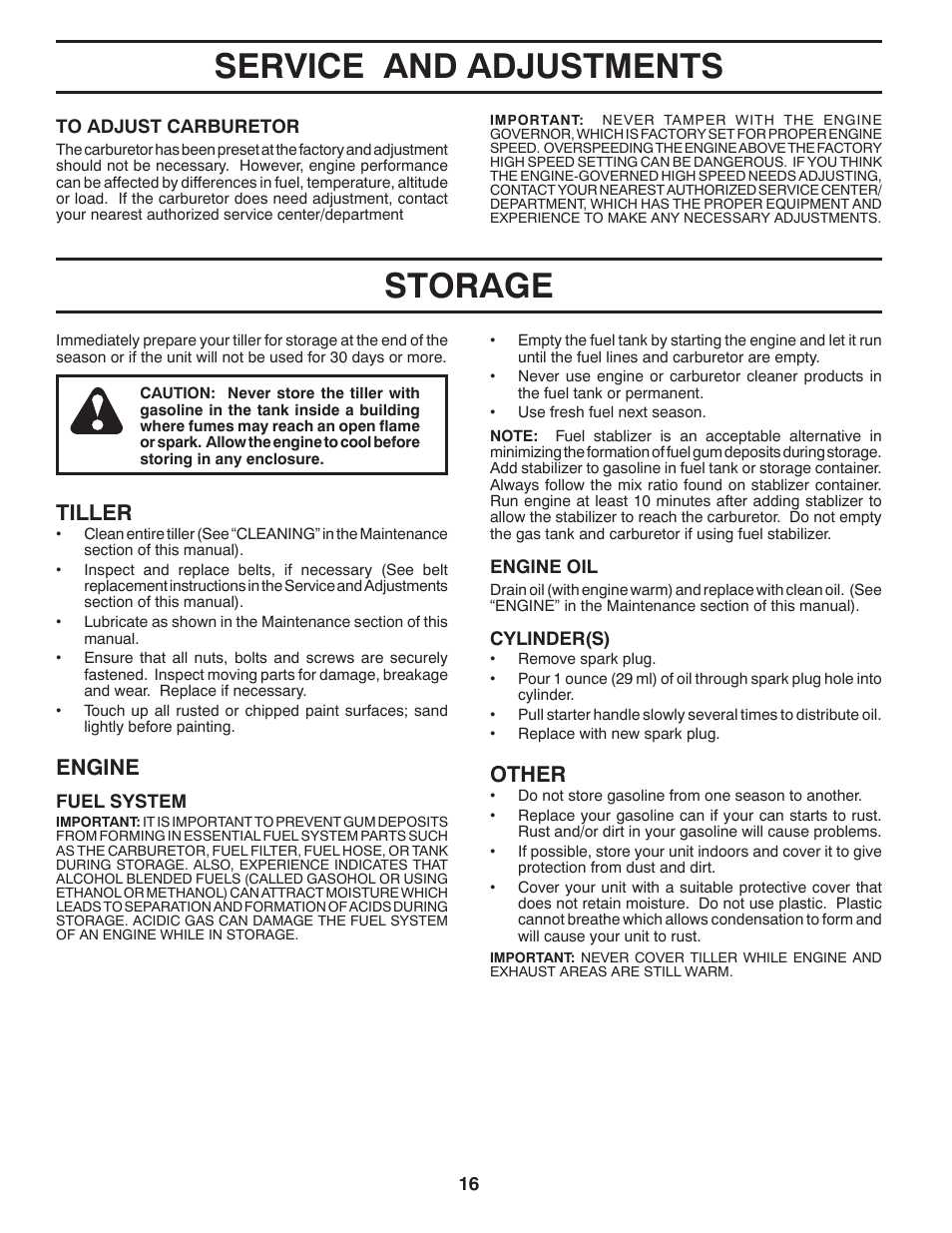 Service and adjustments, Storage, Other | Tiller, Engine | Ariens 90102800 User Manual | Page 16 / 34