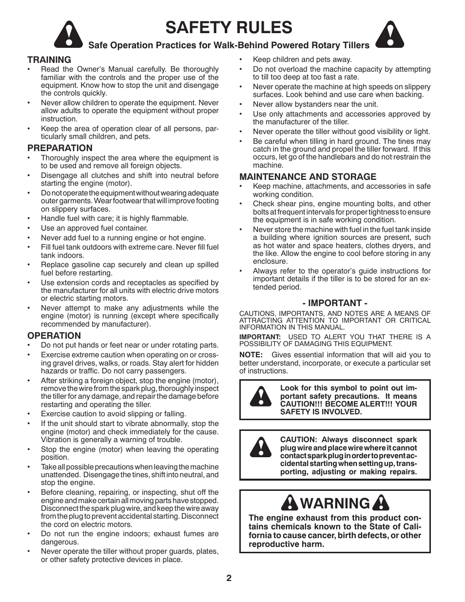 Safety rules, Warning | Ariens 90102800 User Manual | Page 2 / 34