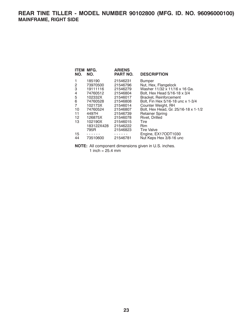 Mainframe, right side | Ariens 90102800 User Manual | Page 23 / 34