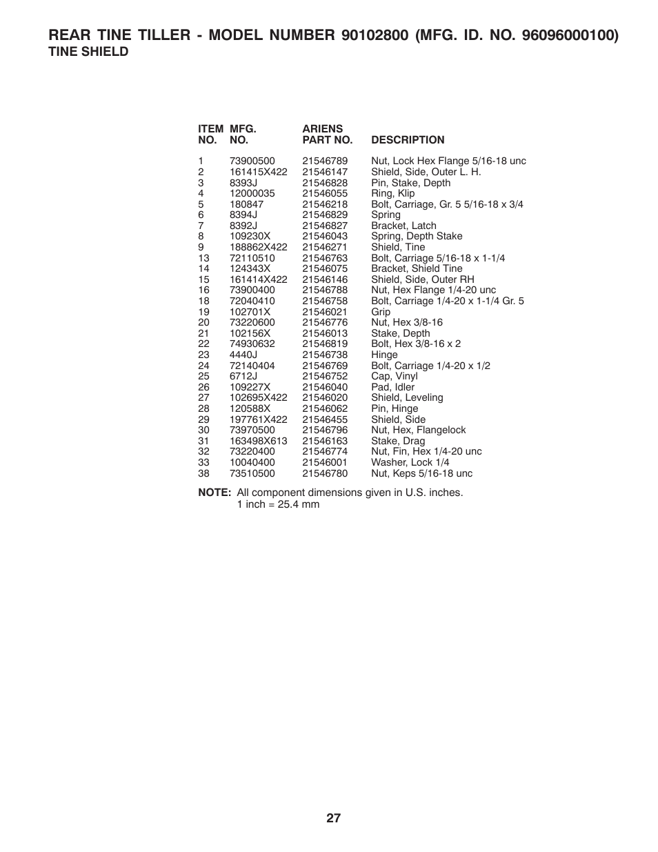 Tine shield | Ariens 90102800 User Manual | Page 27 / 34