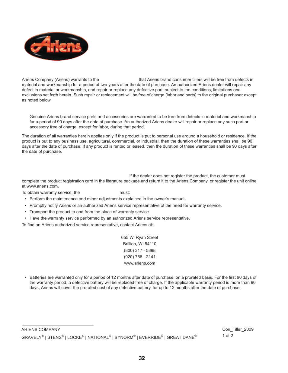 Two-year limited tiller warranty | Ariens 90102800 User Manual | Page 32 / 34