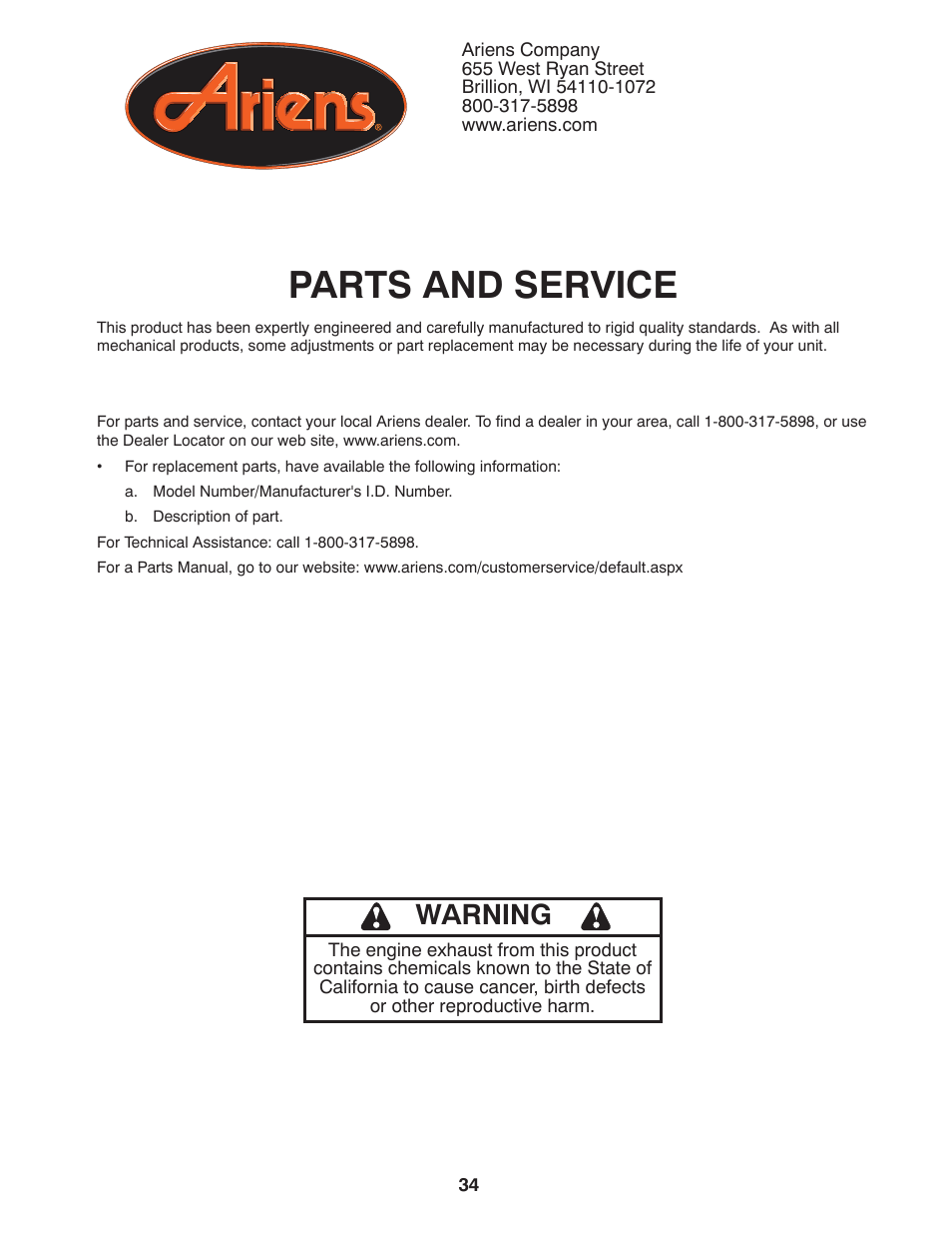 Parts and service, Warning | Ariens 90102800 User Manual | Page 34 / 34