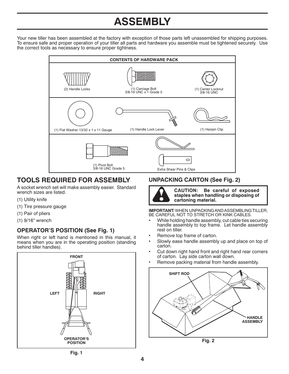 Assembly, Tools required for assembly, 4operator’s position (see fig. 1) | Unpacking carton (see fig. 2) | Ariens 90102800 User Manual | Page 4 / 34