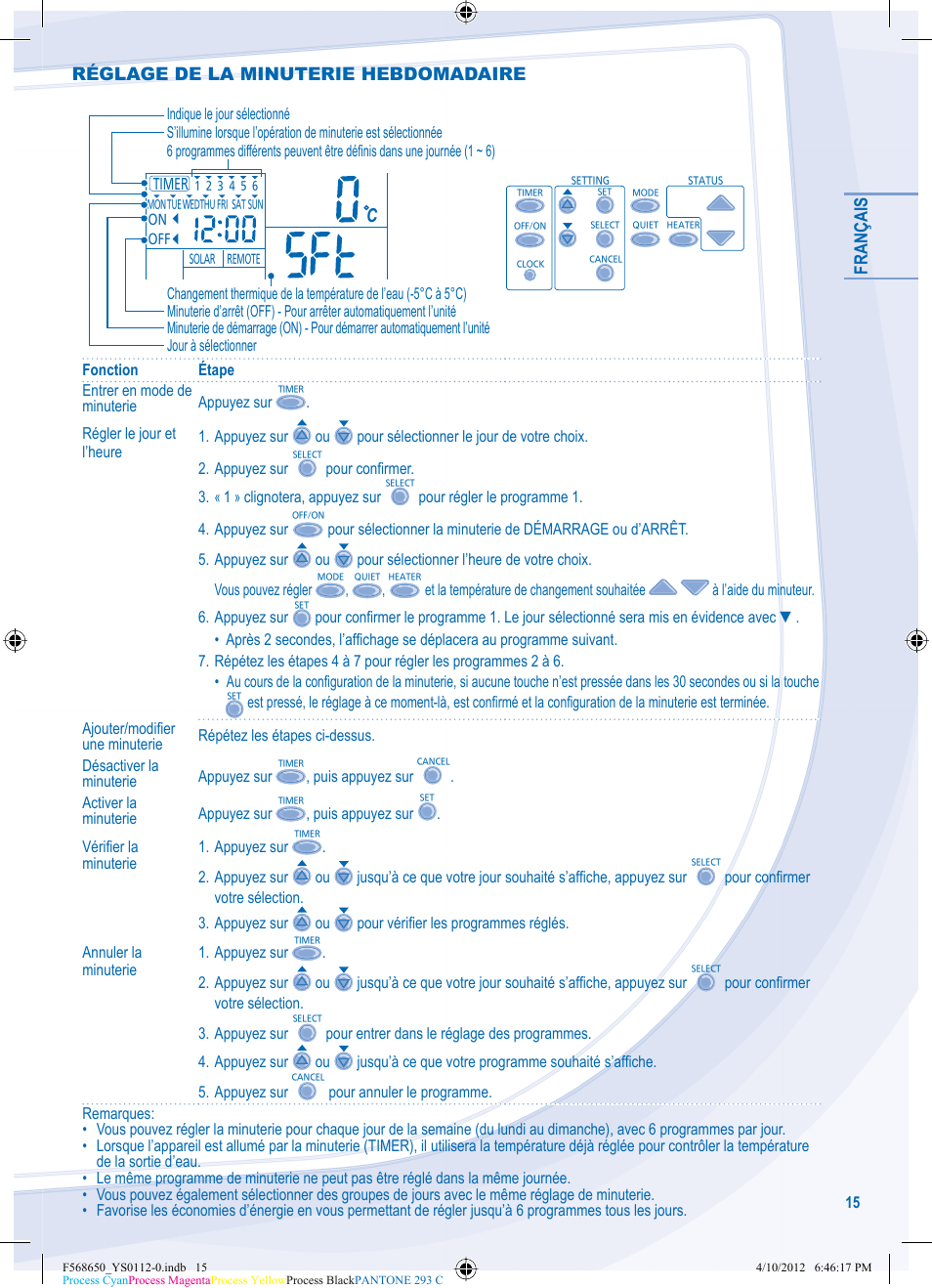 Français, Réglage de la minuterie hebdomadaire | Panasonic WHMDF16C6E5 User Manual | Page 15 / 76