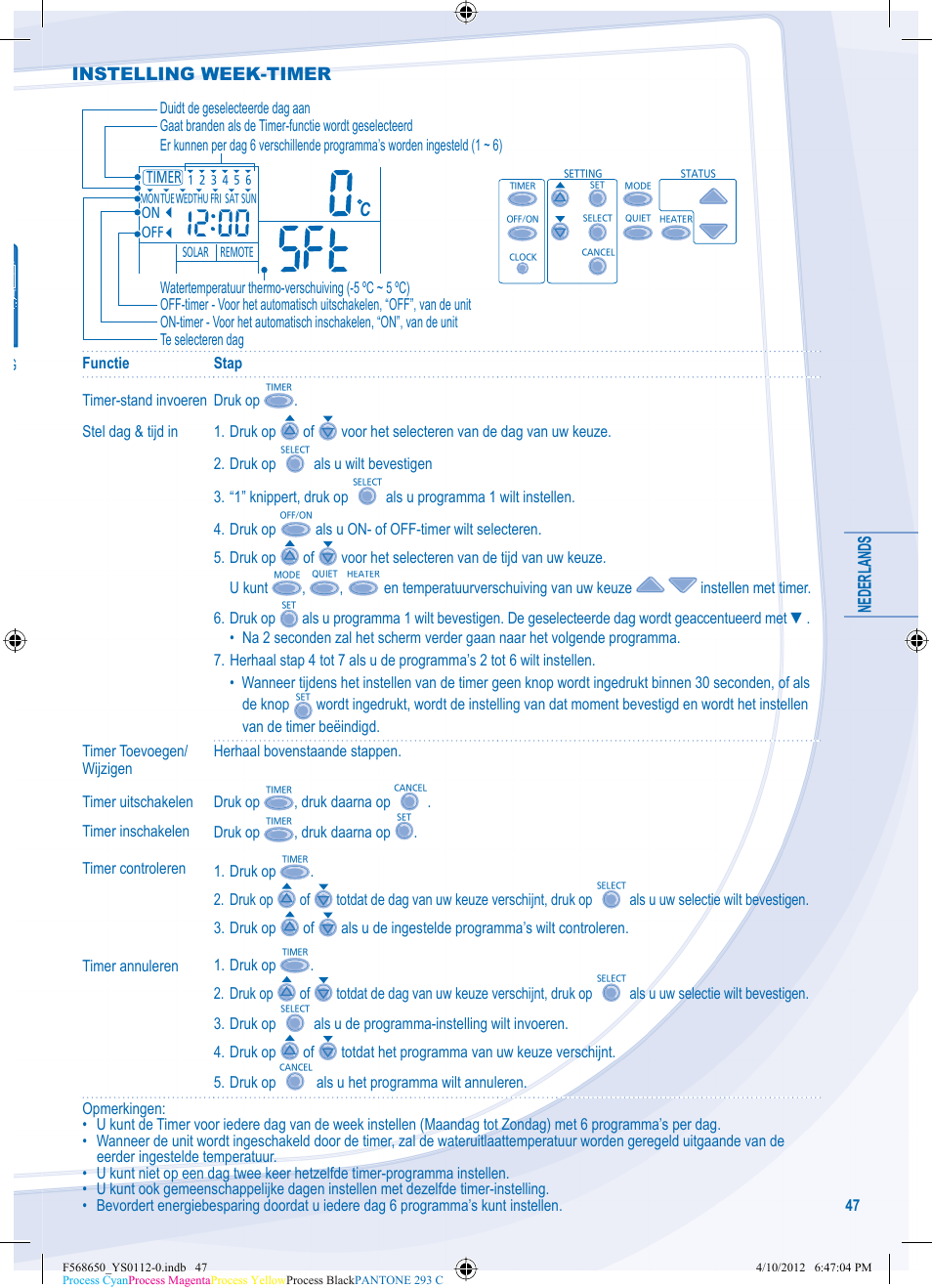 Nederlands, Instelling week-timer | Panasonic WHMDF16C6E5 User Manual | Page 47 / 76
