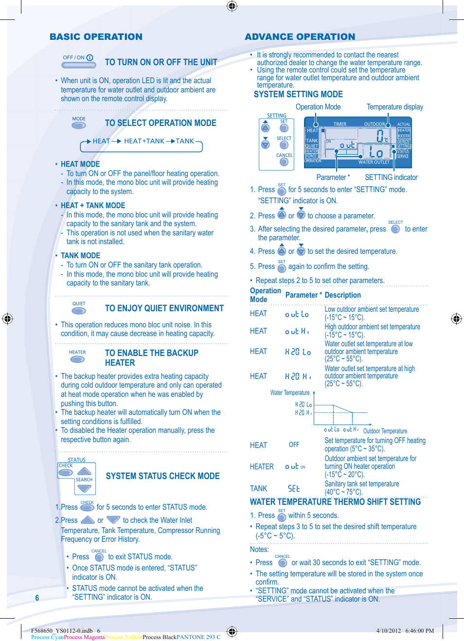 Basic operation, System status check mode, System setting mode | Water temperature thermo shift setting, Advance operation | Panasonic WHMDF16C6E5 User Manual | Page 6 / 76