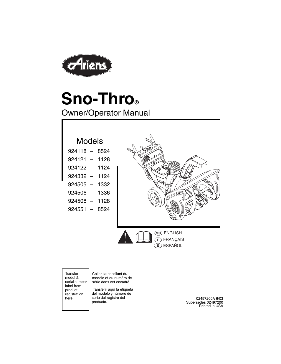 Ariens 924551 - 8524 User Manual | 32 pages