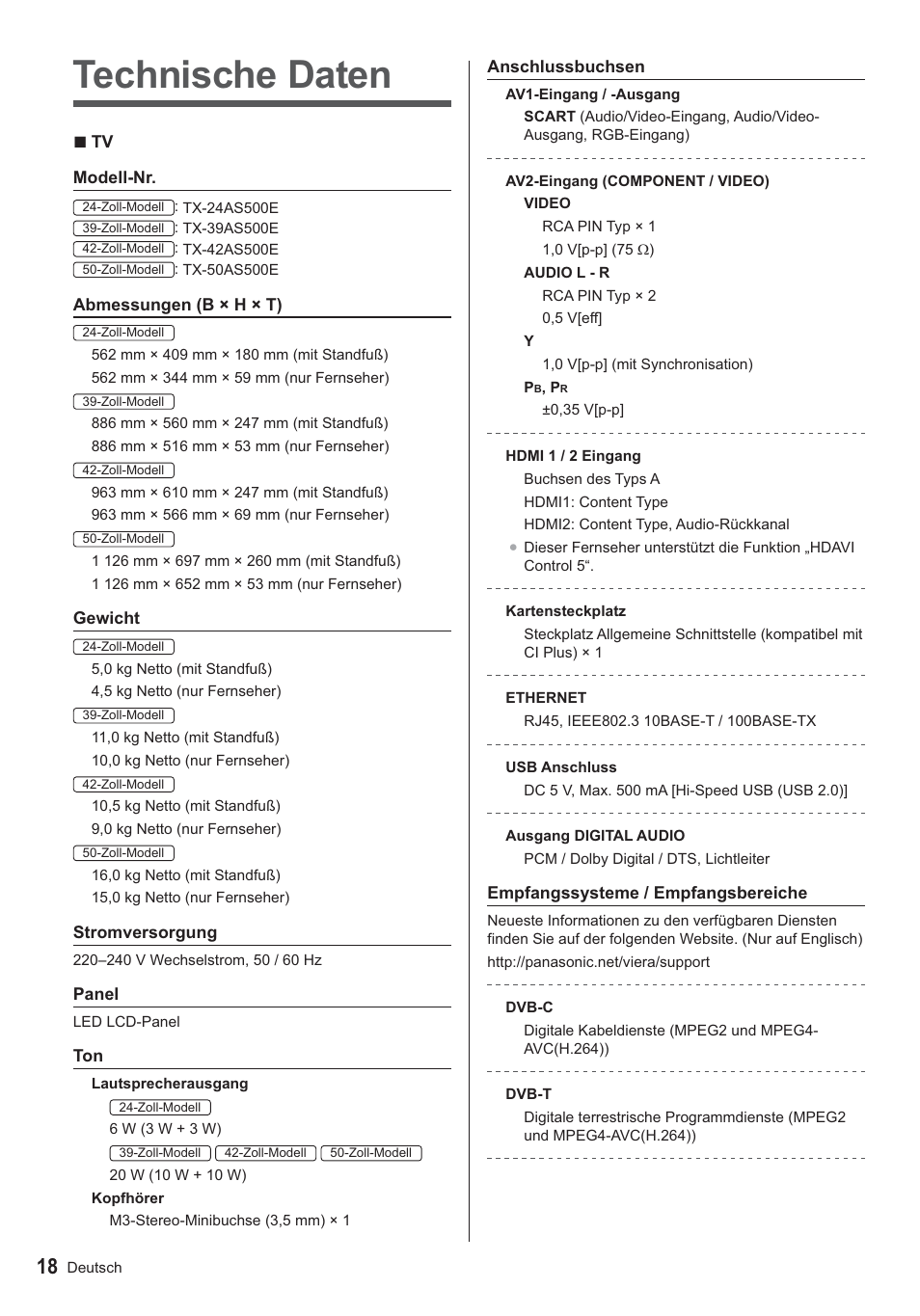 Technische daten | Panasonic TX24AS500E User Manual | Page 18 / 80