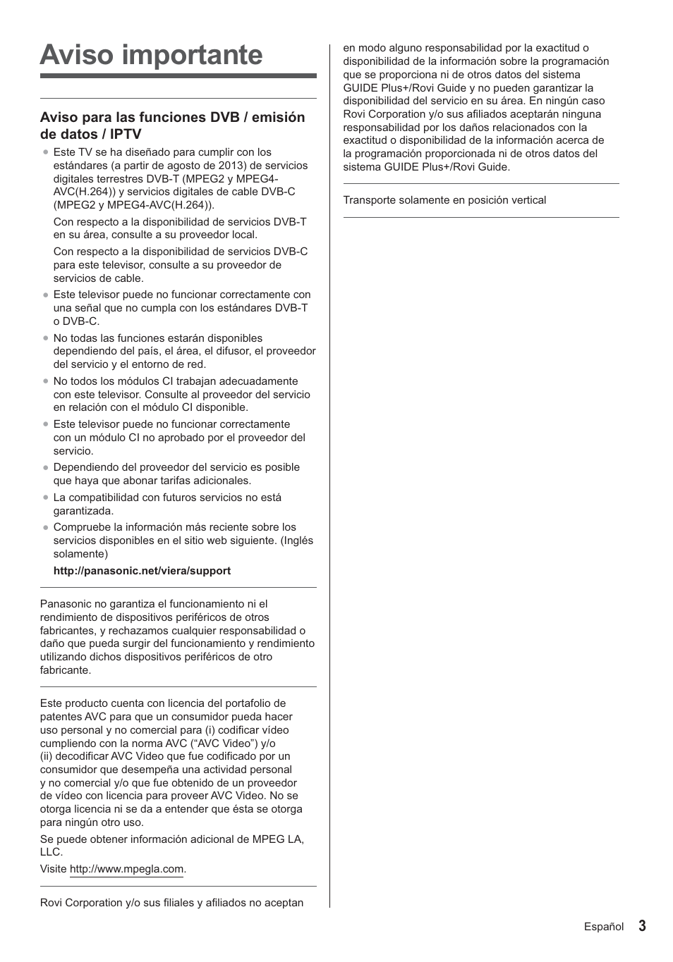 Aviso importante | Panasonic TX24AS500E User Manual | Page 23 / 80