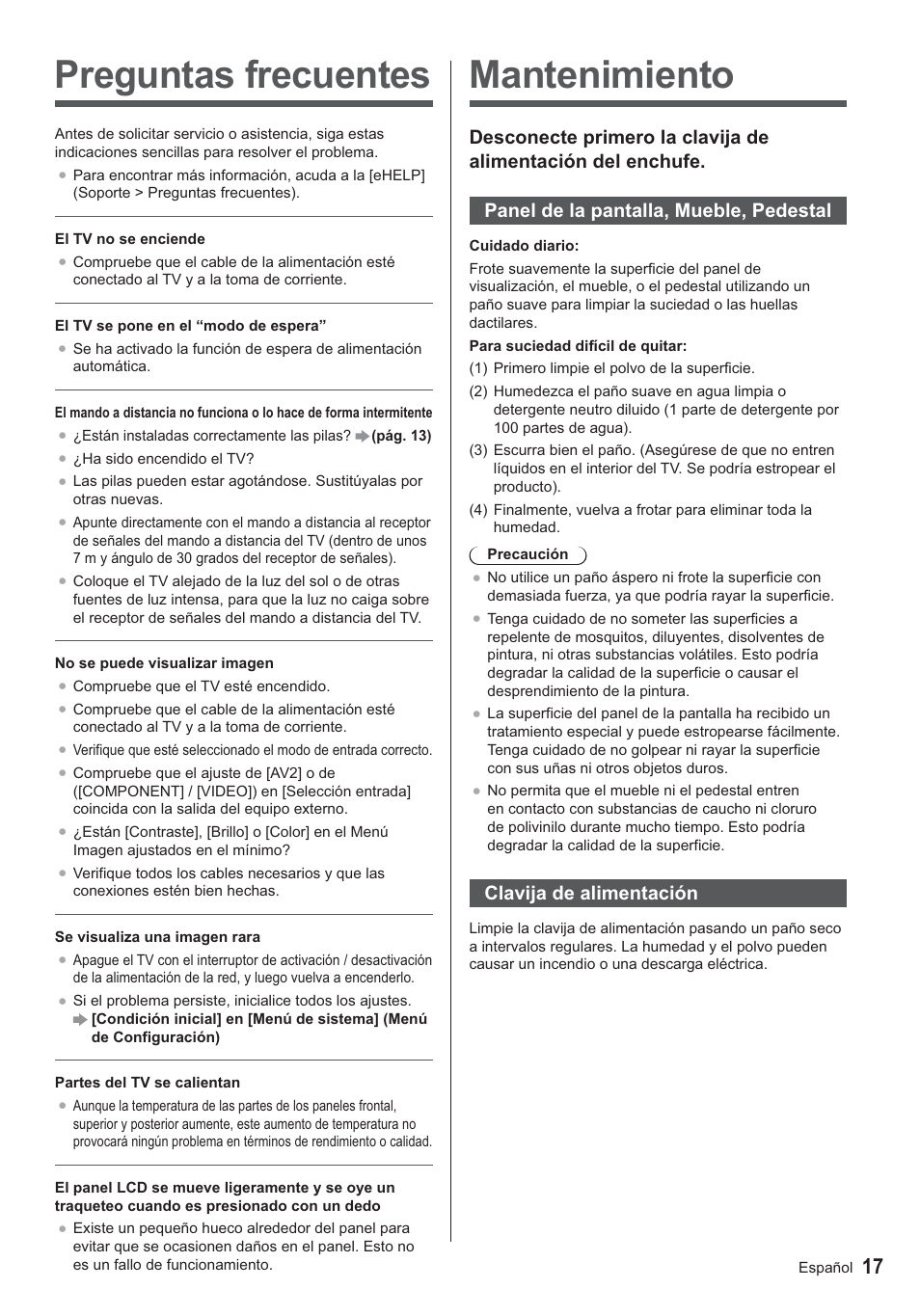 Mantenimiento, Preguntas frecuentes, Clavija de alimentación | Panasonic TX24AS500E User Manual | Page 37 / 80