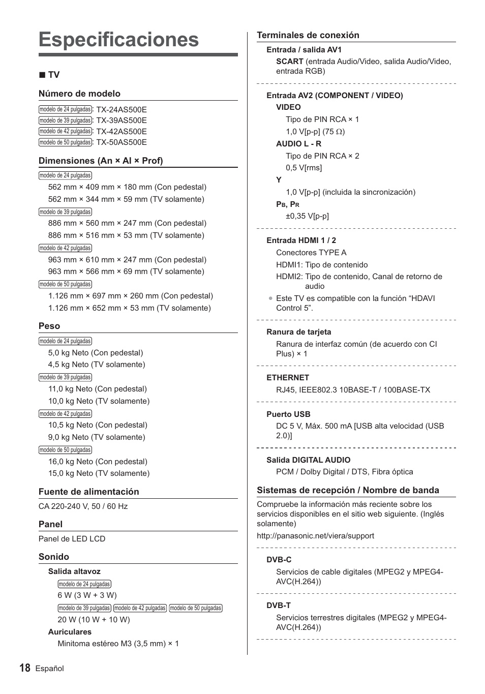 Especificaciones | Panasonic TX24AS500E User Manual | Page 38 / 80