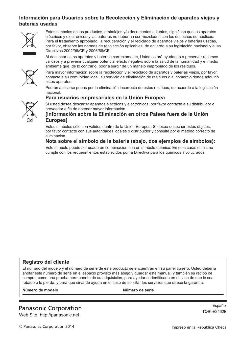 Para usuarios empresariales en la unión europea, Registro del cliente | Panasonic TX24AS500E User Manual | Page 40 / 80