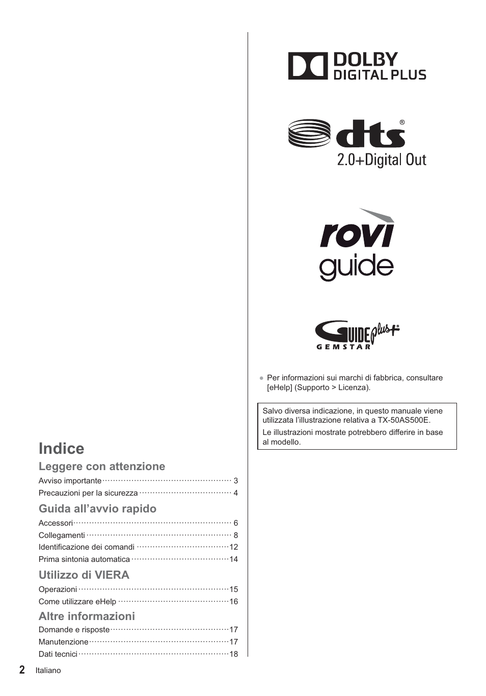 Indice, Leggere con attenzione, Guida all’avvio rapido | Utilizzo di viera, Altre informazioni | Panasonic TX24AS500E User Manual | Page 42 / 80