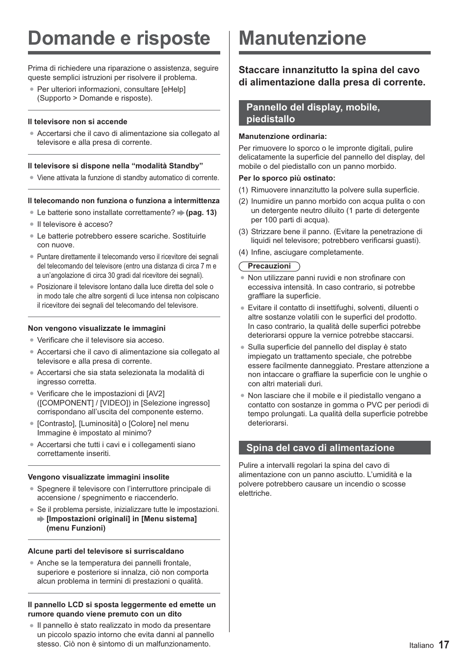 Manutenzione, Domande e risposte, Spina del cavo di alimentazione | Panasonic TX24AS500E User Manual | Page 57 / 80