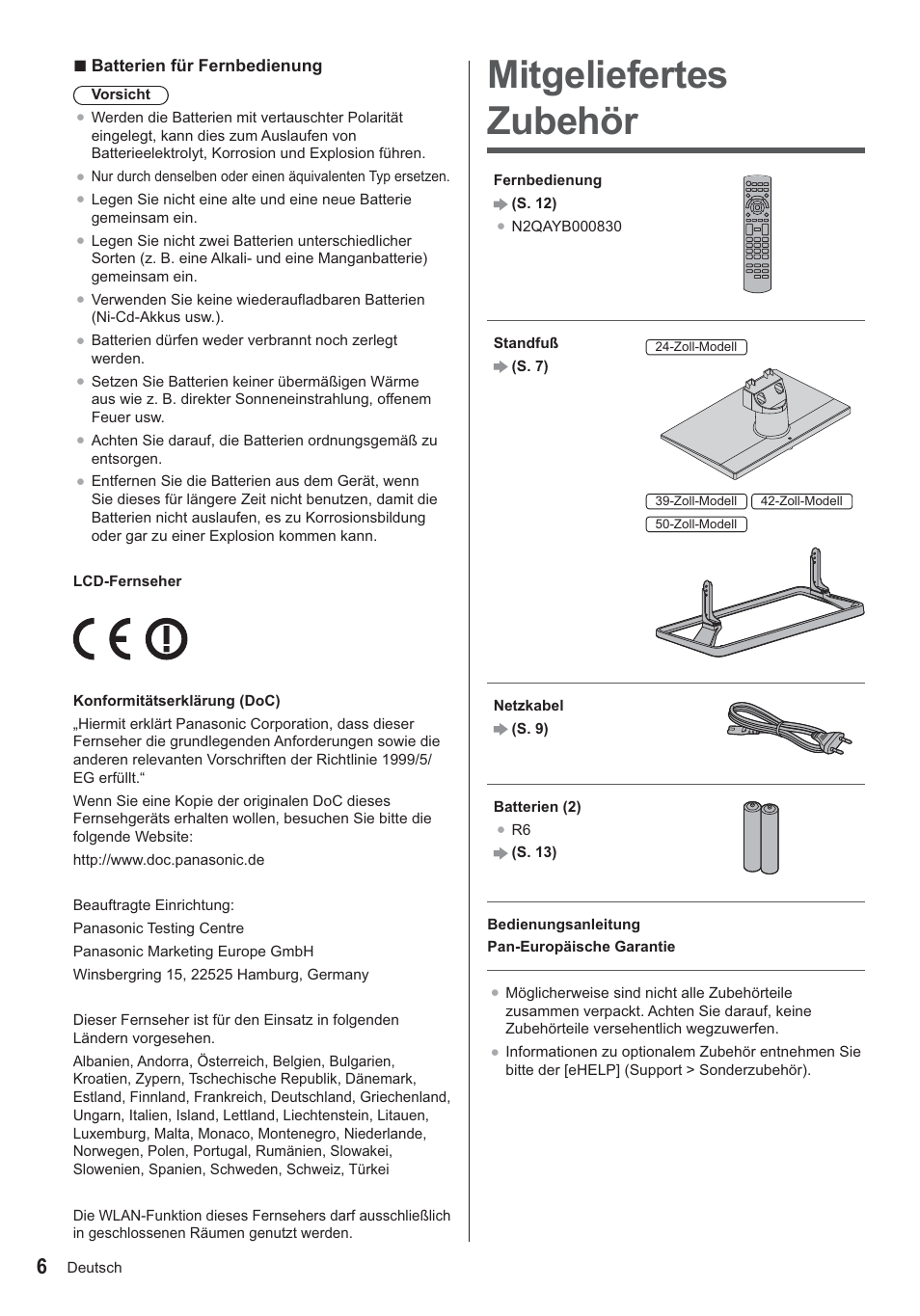 Mitgeliefertes zubehör | Panasonic TX24AS500E User Manual | Page 6 / 80