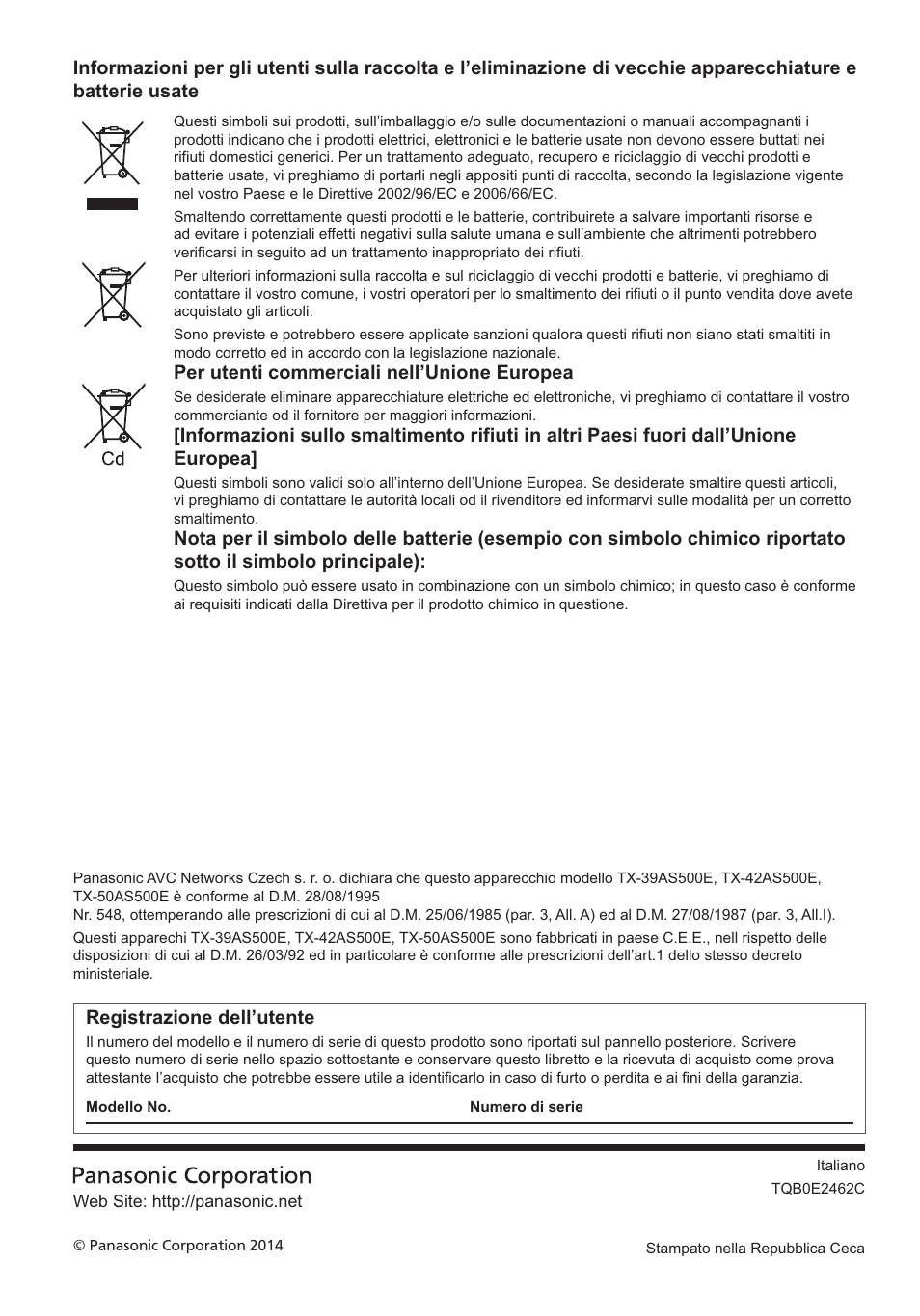 Per utenti commerciali nell’unione europea, Registrazione dell’utente | Panasonic TX24AS500E User Manual | Page 60 / 80