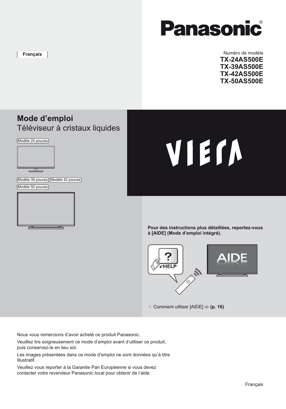Mode d’emploi téléviseur à cristaux liquides | Panasonic TX24AS500E User Manual | Page 61 / 80