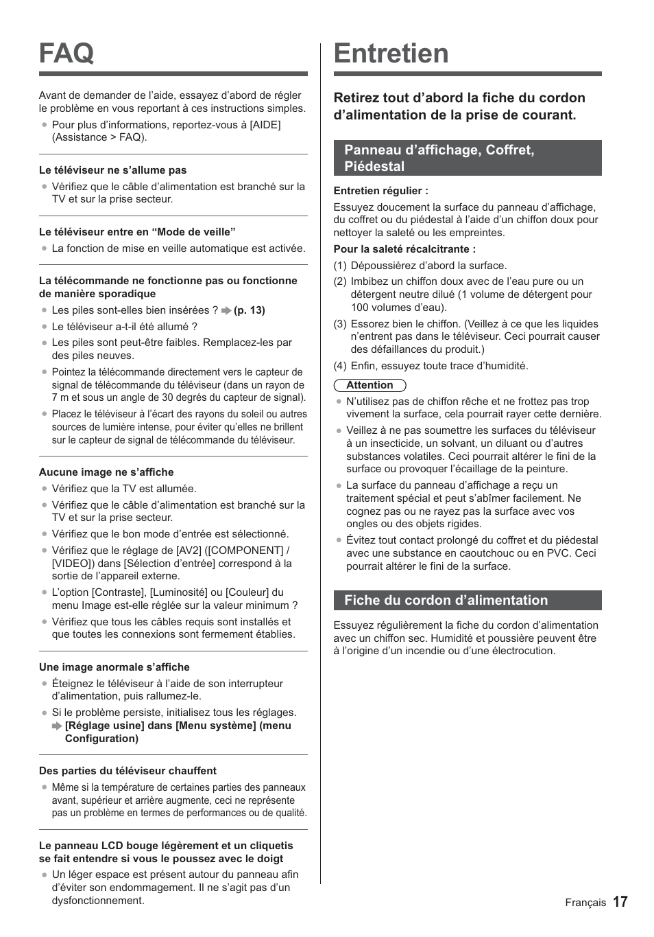 Entretien, Fiche du cordon d’alimentation | Panasonic TX24AS500E User Manual | Page 77 / 80