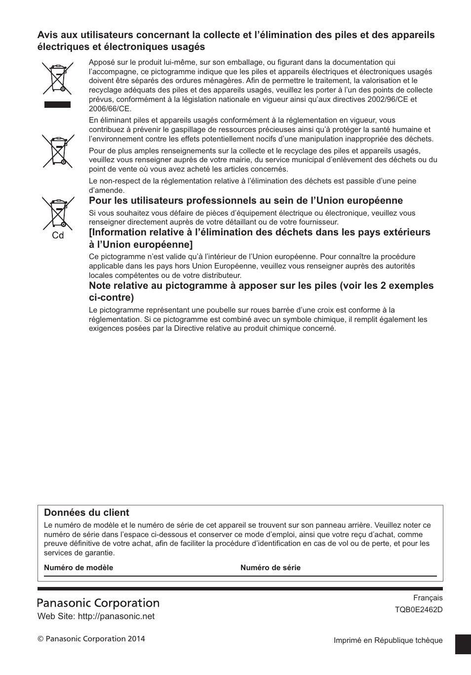 Données du client | Panasonic TX24AS500E User Manual | Page 80 / 80