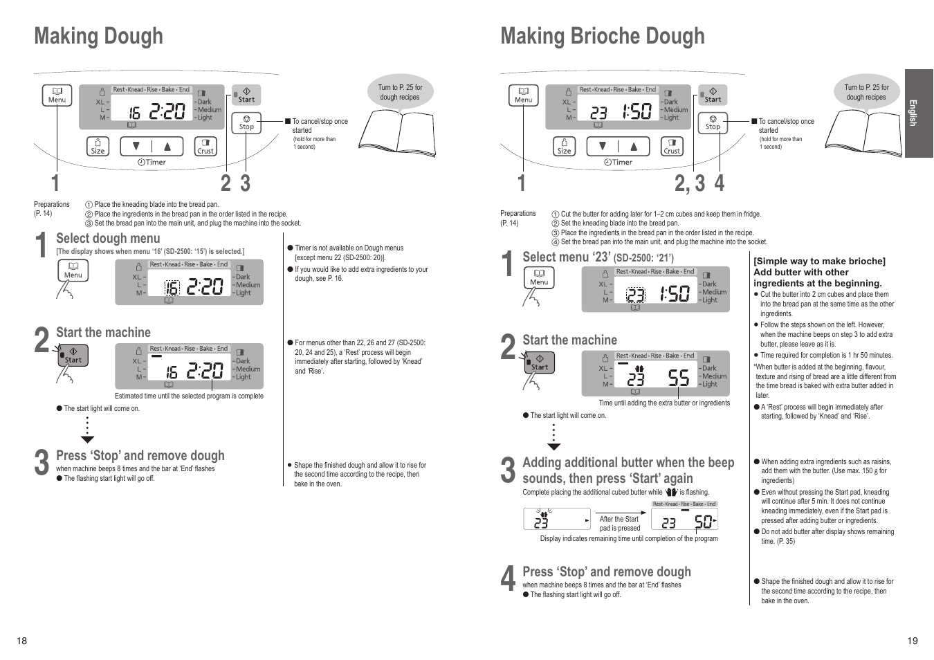 Making dough 1 3 2, Making brioche dough 1 4 2, 3 | Panasonic SD2501WXC User Manual | Page 10 / 100