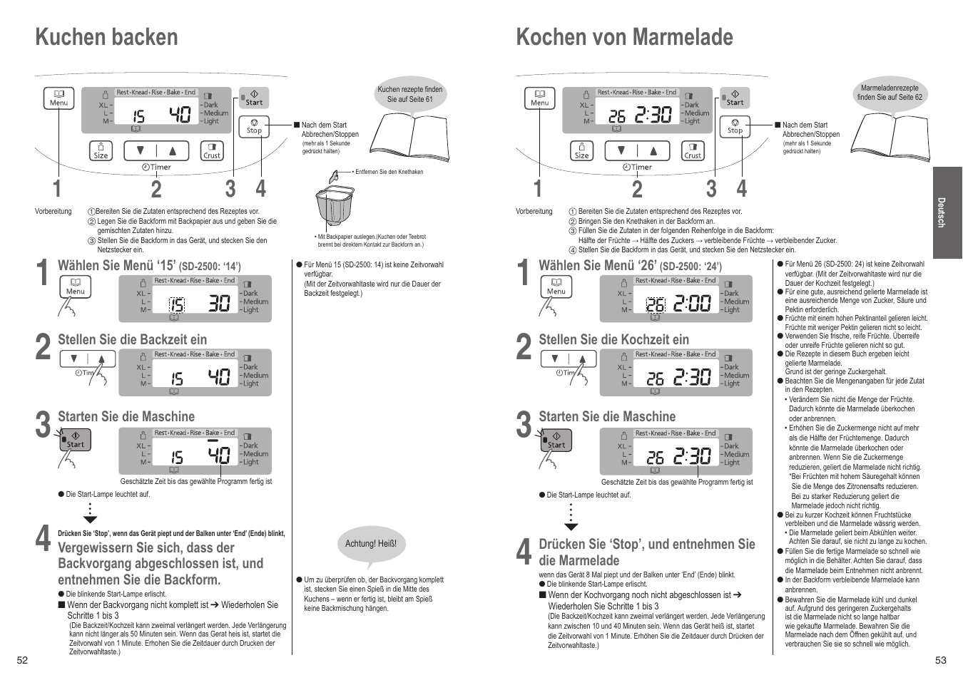 Kochen von marmelade 1 4 2 3, Kuchen backen 1 4 2 3 | Panasonic SD2501WXC User Manual | Page 27 / 100