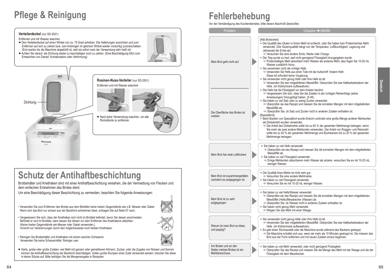 Fehlerbehebung, Pflege & reinigung schutz der antihaftbeschichtung | Panasonic SD2501WXC User Manual | Page 33 / 100