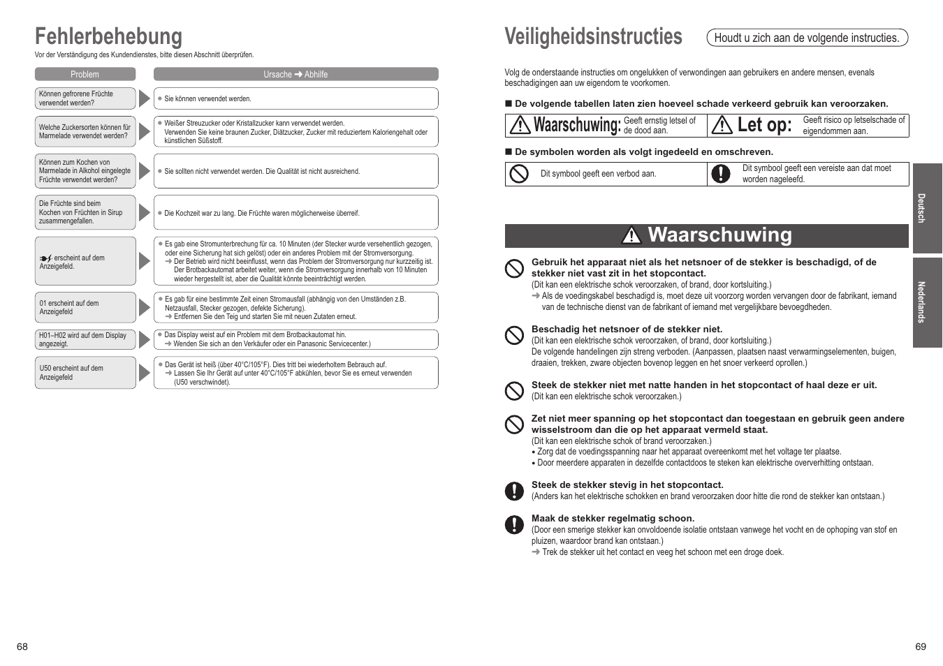 Fehlerbehebung, Veiligheidsinstructies, Waarschuwing | Let op | Panasonic SD2501WXC User Manual | Page 35 / 100