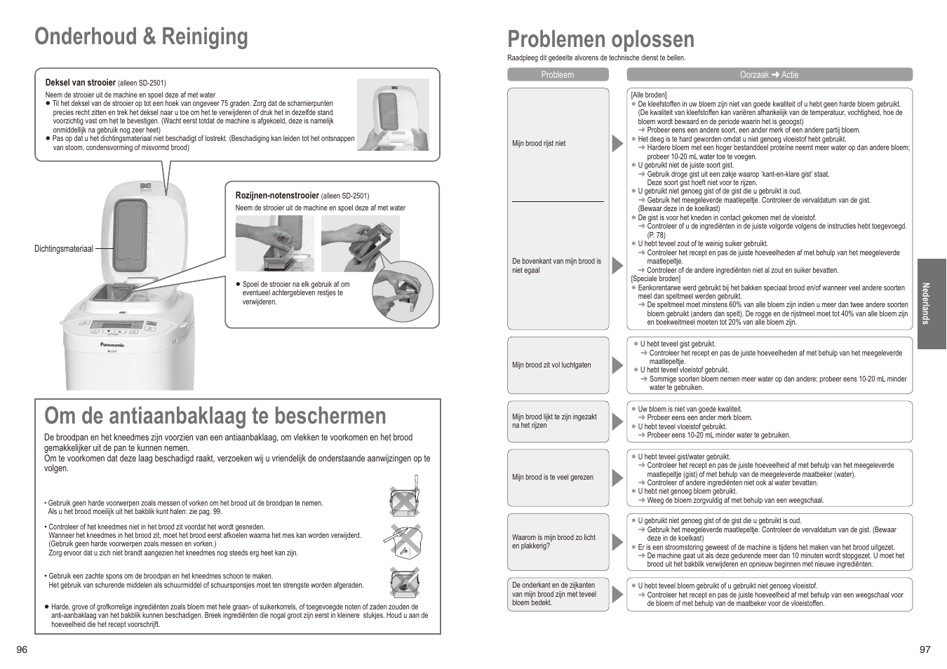 Problemen oplossen, Om de antiaanbaklaag te beschermen, Onderhoud & reiniging | Panasonic SD2501WXC User Manual | Page 49 / 100