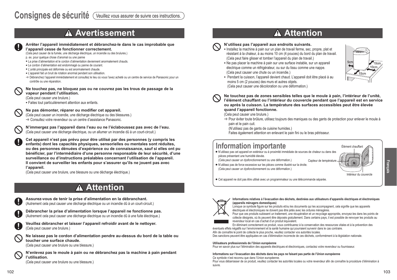 Consignes de sécurité, Attention, Avertissement | Information importante | Panasonic SD2501WXC User Manual | Page 52 / 100