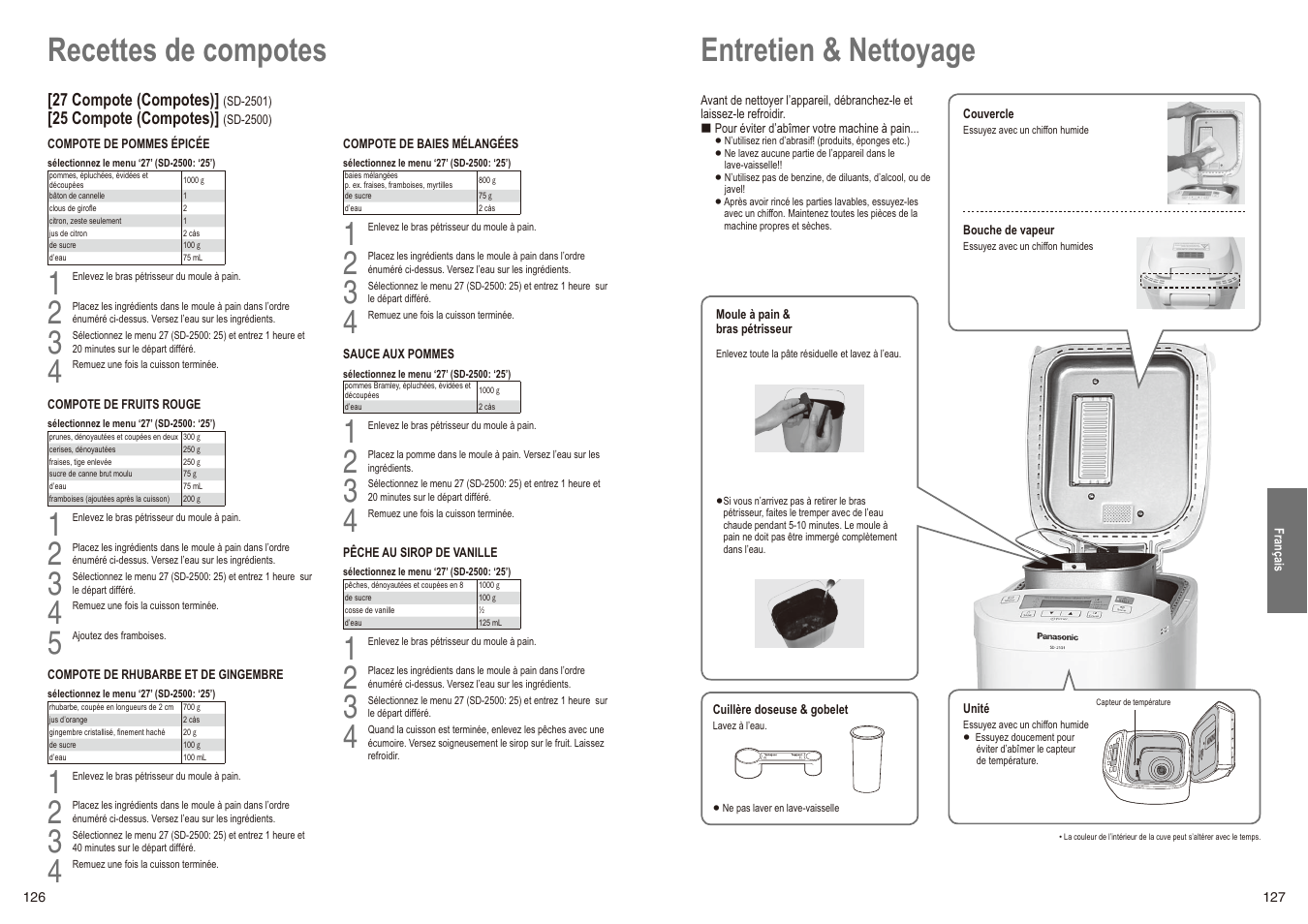 Entretien & nettoyage, Recettes de compotes | Panasonic SD2501WXC User Manual | Page 64 / 100