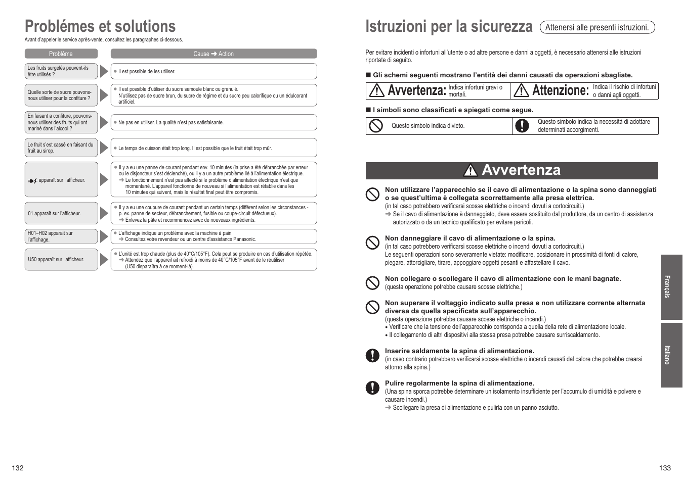 Problémes et solutions, Istruzioni per la sicurezza, Avvertenza | Attenzione | Panasonic SD2501WXC User Manual | Page 67 / 100