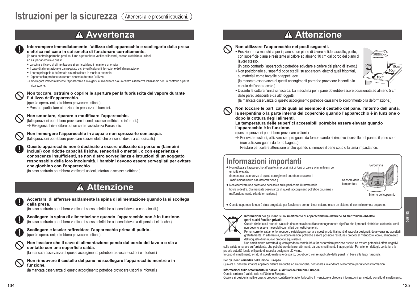 Istruzioni per la sicurezza, Attenzione, Avvertenza | Informazioni importanti | Panasonic SD2501WXC User Manual | Page 68 / 100