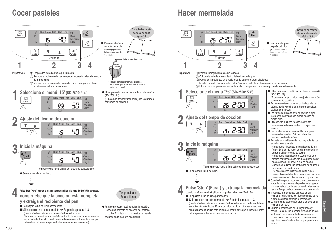 Hacer mermelada 1 4 2 3, Cocer pasteles 1 4 2 3 | Panasonic SD2501WXC User Manual | Page 91 / 100