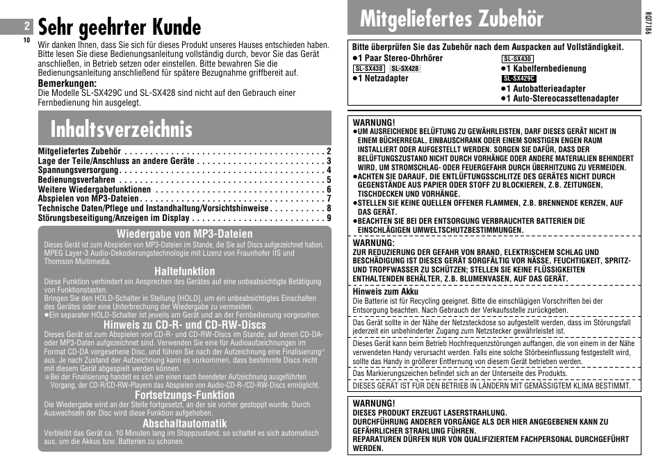 Inhaltsverzeichnis sehr geehrter kunde, Mitgeliefertes zubehör | Panasonic SLSX429C User Manual | Page 10 / 100